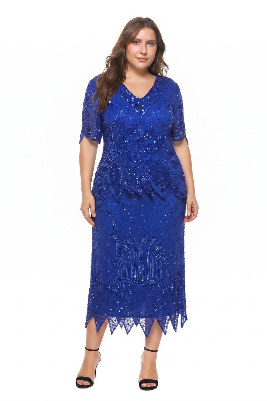 Beaded Skirt Set Mark & John Gopal Blue Silk Bead Sequin Formal Size XL Vintage